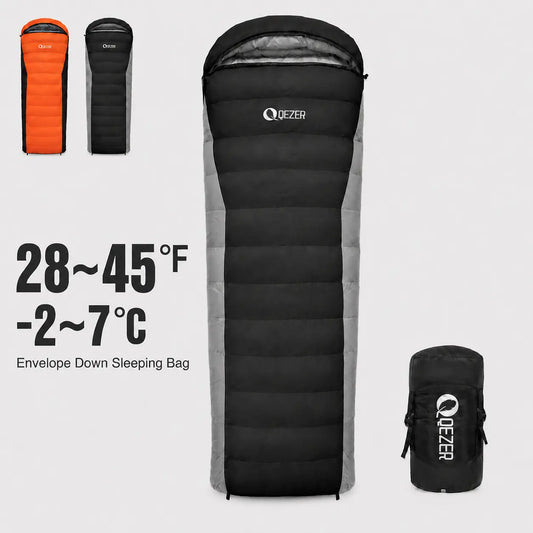 QEZER black rectangular down sleeping bag with 800g filling and 28–45°F temperature range