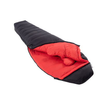QEZER black winter mummy sleeping bag opened to show red lining and insulated collar