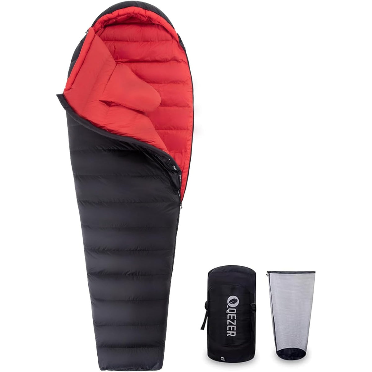 QEZER black winter mummy sleeping bag opened to show red lining with compression and mesh storage sacks