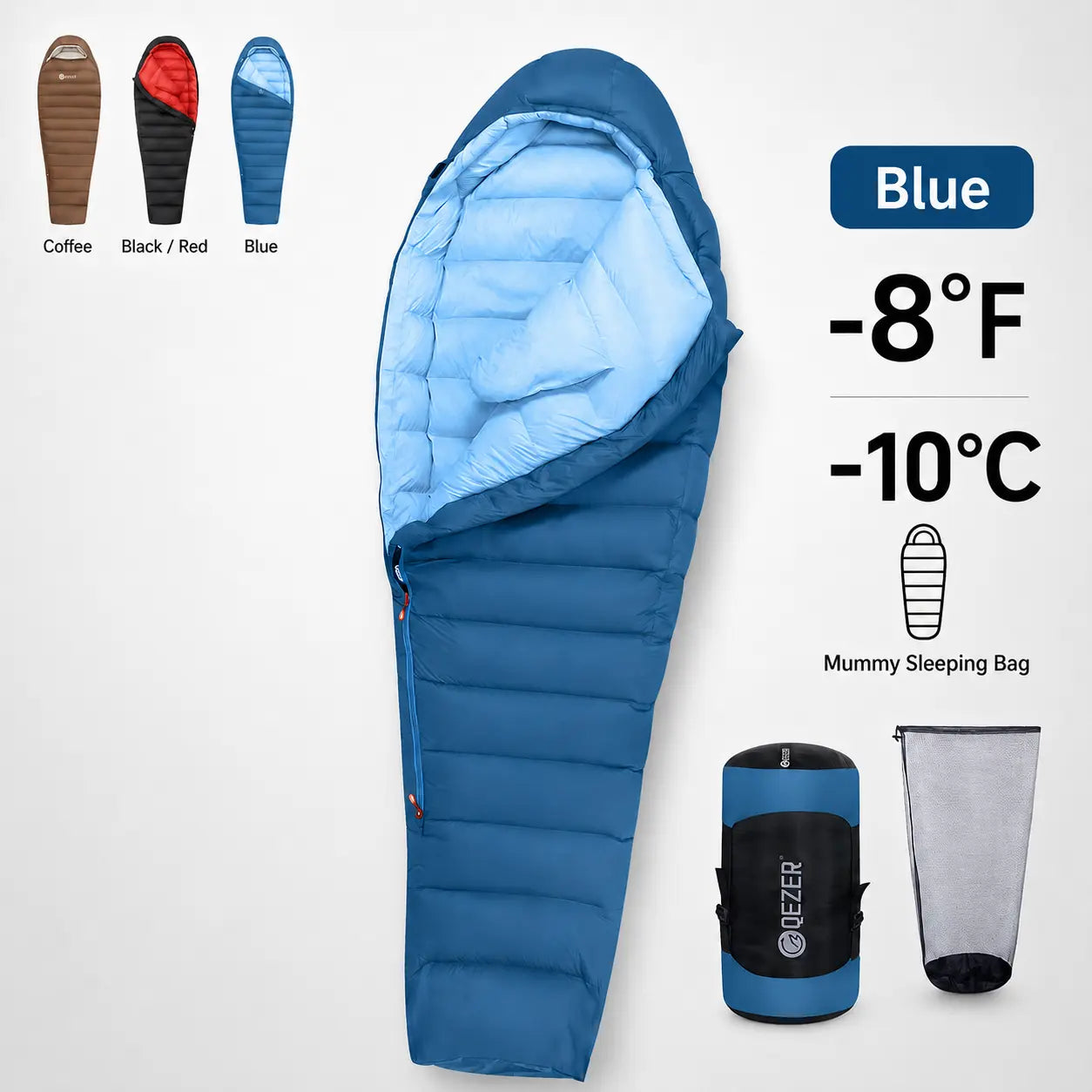 QEZER blue 650FP mummy down sleeping bag rated to -8°F