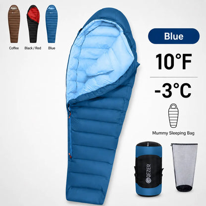 QEZER blue 650FP mummy down sleeping bag rated to 10°F