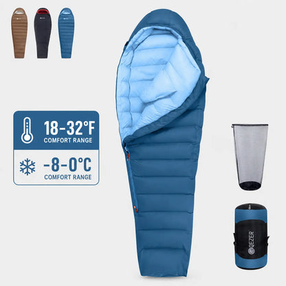 QEZER blue M1000 winter mummy down sleeping bag rated 18–32°F