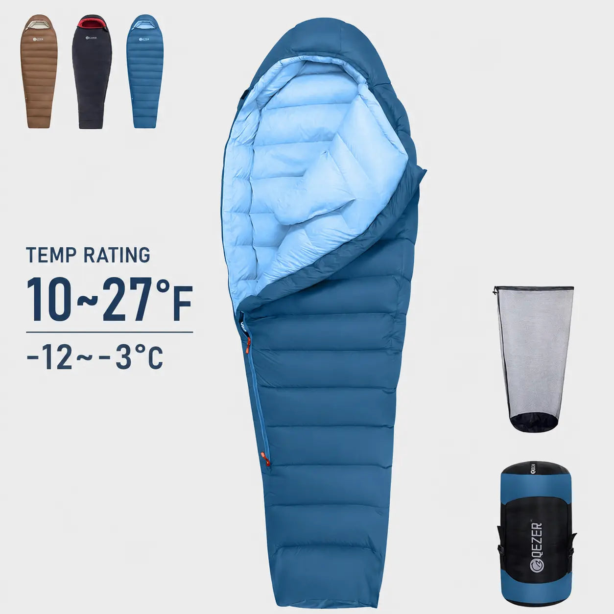 QEZER blue M1200 winter mummy down sleeping bag rated 10–27°F