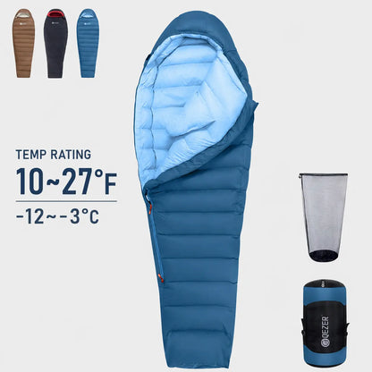 QEZER blue M1200 winter mummy down sleeping bag rated 10–27°F