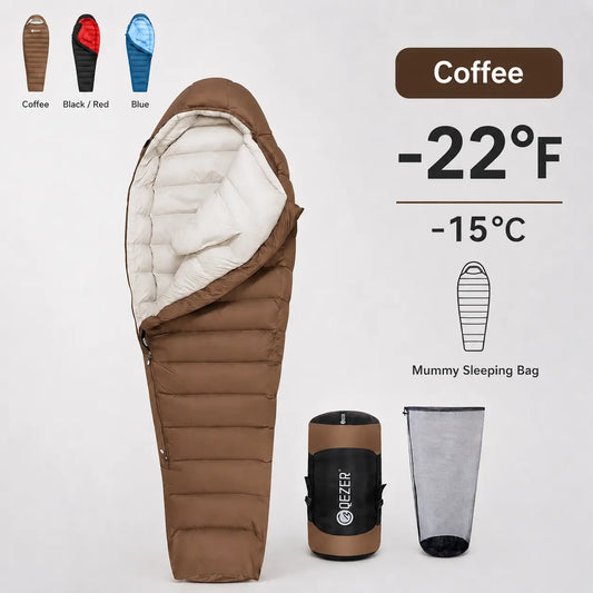 QEZER coffee brown 650FP mummy down sleeping bag rated to -22°F with storage bags