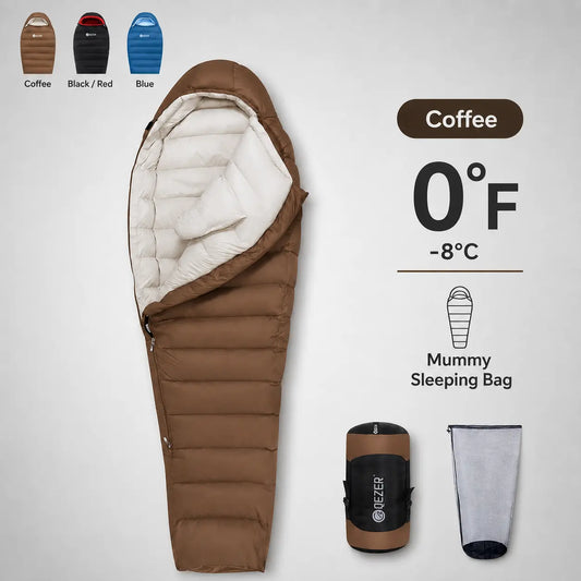 QEZER coffee brown 650FP mummy down sleeping bag rated to 0°F