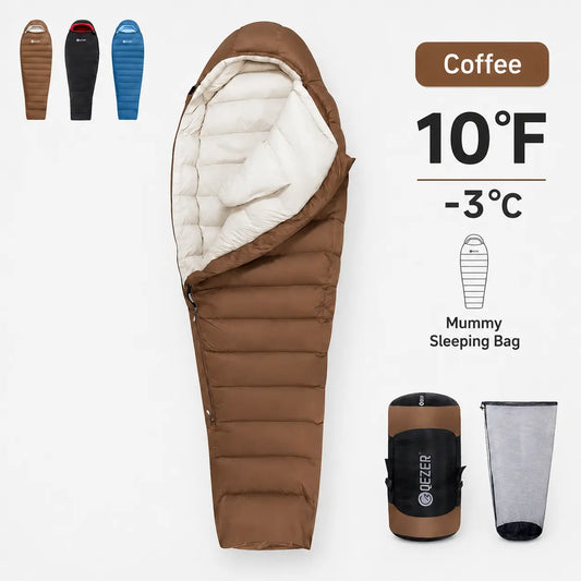 QEZER coffee brown 650FP mummy down sleeping bag rated to 10°F
