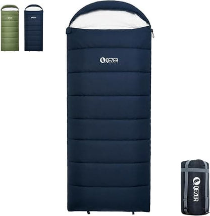 QEZER deep blue 3-season sleeping bag with Oxford compression sack