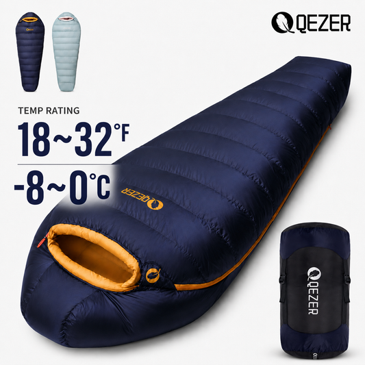 QEZER deep blue 620FP graphene antistatic down sleeping bag with 1000g fill and 18–32°F rating