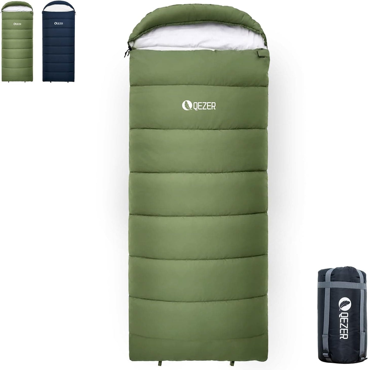 QEZER green 3-season rectangular sleeping bag with hood and compression sack