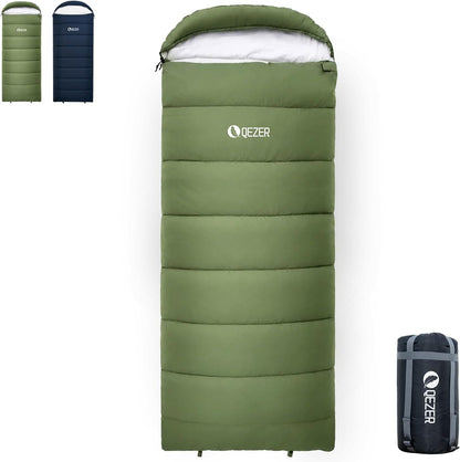 QEZER green 3-season rectangular sleeping bag with hood and compression sack