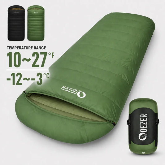 QEZER green XL down sleeping bag with 1300g fill and 10–27°F temperature range