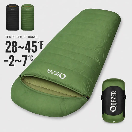 QEZER green XL oversized down sleeping bag with 800g fill and 28–45°F temperature range