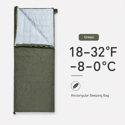 QEZER green rectangular down sleeping bag with 18–32°F temperature range