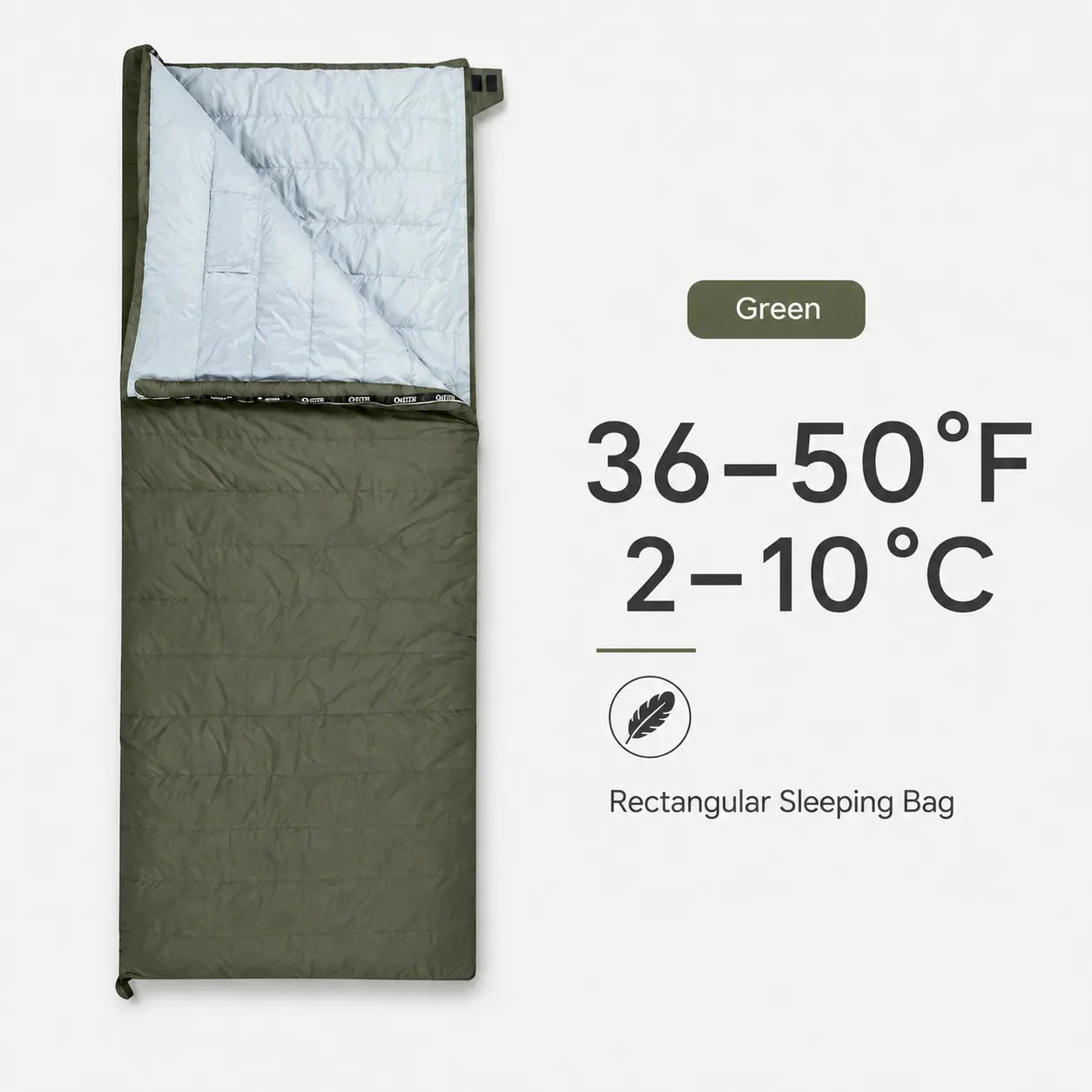 QEZER green rectangular down sleeping bag with 36–50°F temperature range