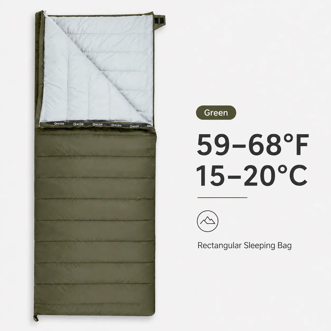 QEZER green rectangular down sleeping bag with 59–68°F temperature r