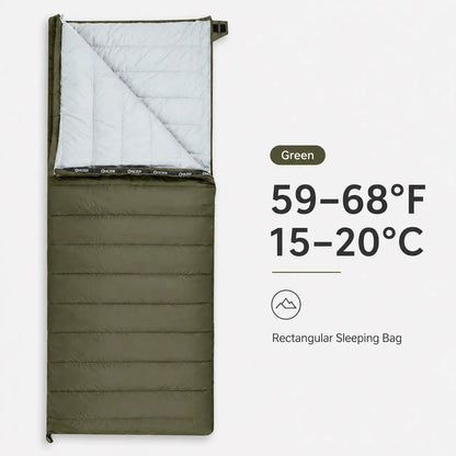 QEZER green rectangular down sleeping bag with 59–68°F temperature r