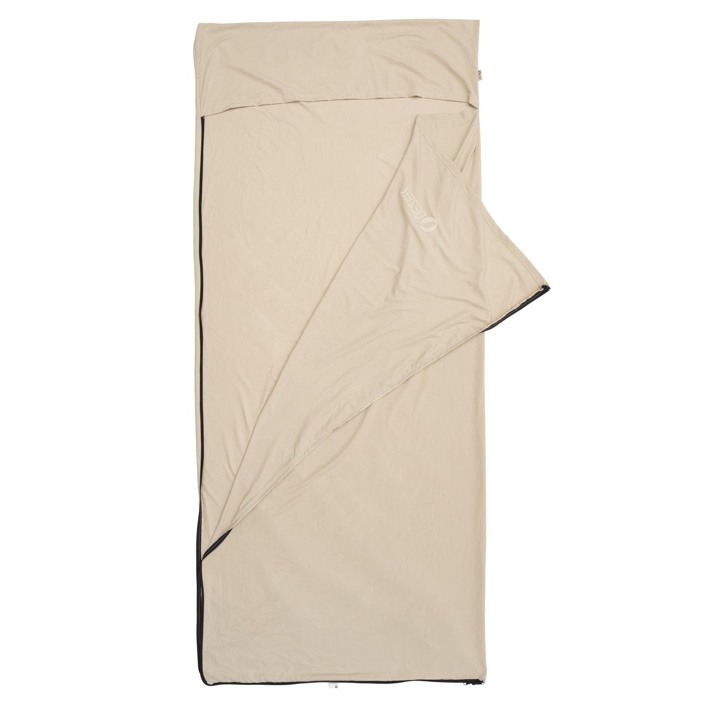 QEZER khaki sleeping bag liner partially opened to show the interior layer