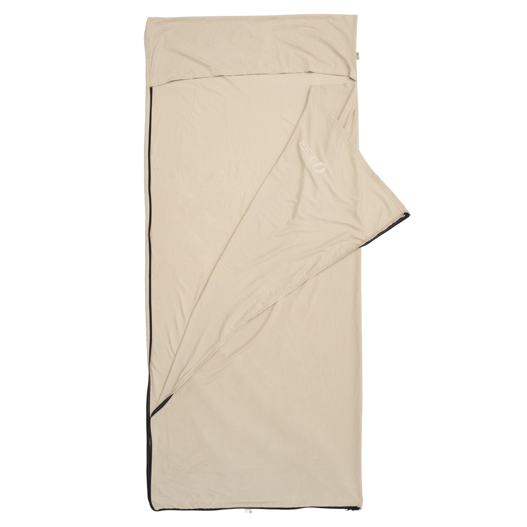 QEZER khaki sleeping bag liner partially opened to show the interior layer