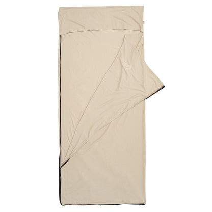 QEZER khaki sleeping bag liner partially opened to show the interior layer