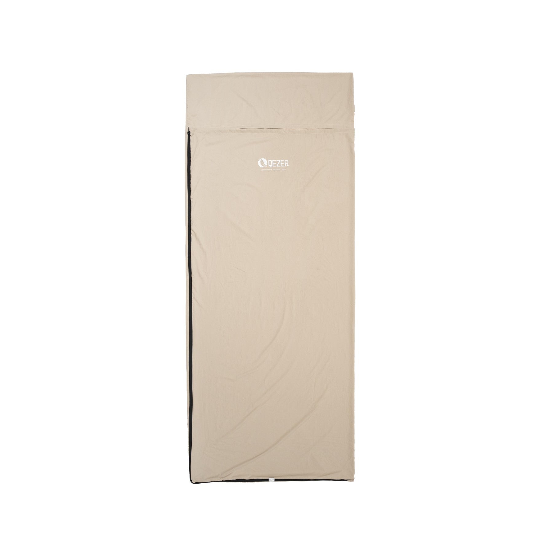 QEZER khaki ultralight sleeping bag liner front view with side zipper