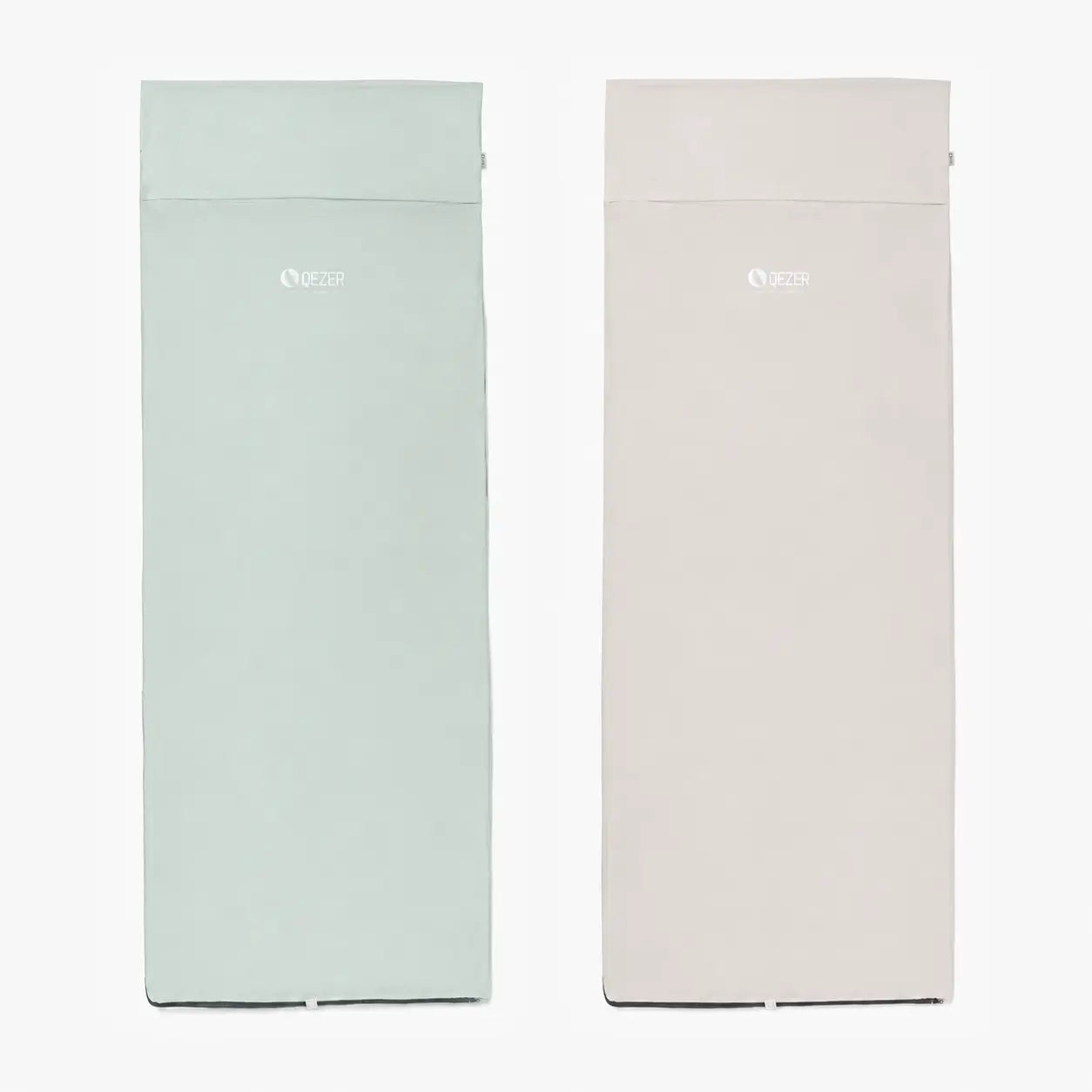 QEZER milky green sleeping bag liner shown zipped and fully opened with size measurements