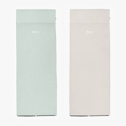 QEZER milky green sleeping bag liner shown zipped and fully opened with size measurements
