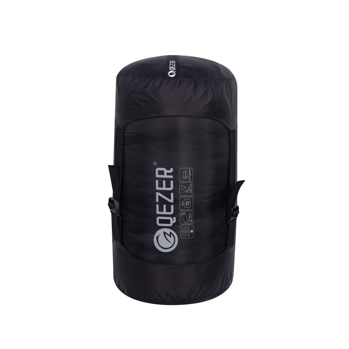 QEZER mummy down sleeping bag packed in a black compression sack