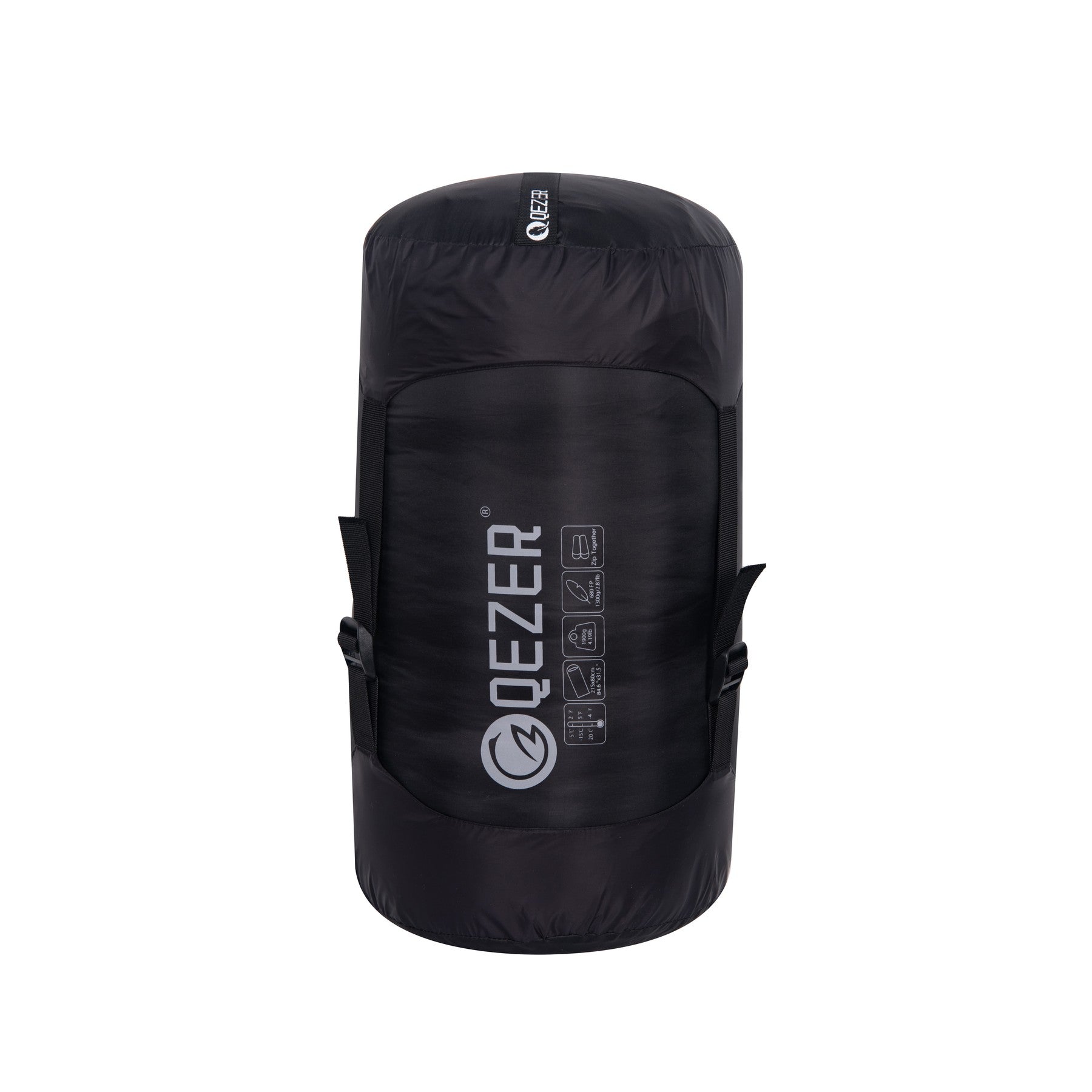 QEZER mummy down sleeping bag packed in a black compression sack