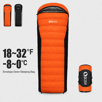 QEZER orange rectangular down sleeping bag with 1000g filling and 18–32°F temperature range