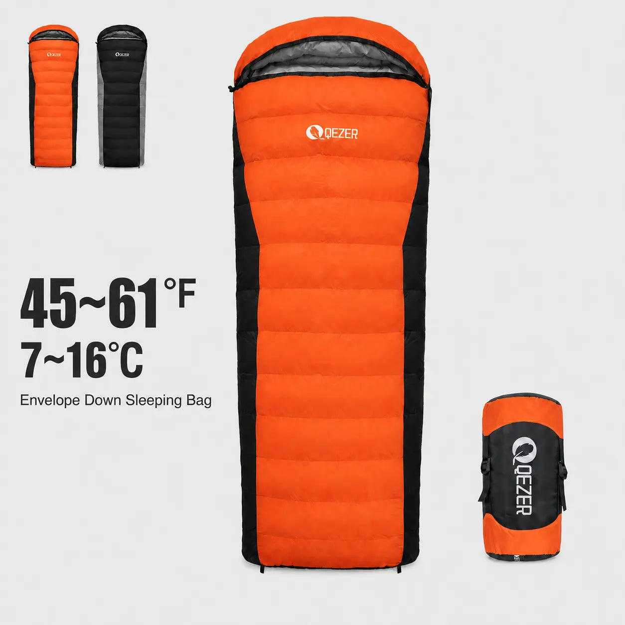 QEZER orange rectangular down sleeping bag with 300g filling and 45–61°F temperature range