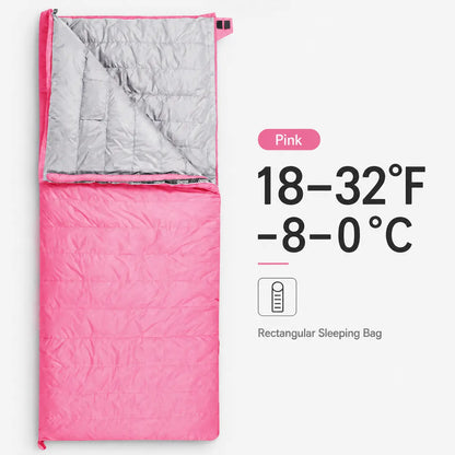 QEZER pink rectangular down sleeping bag with 18–32°F temperature range