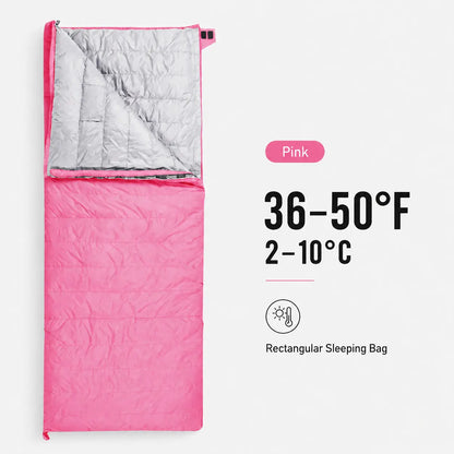 QEZER pink rectangular down sleeping bag with 36–50°F temperature range