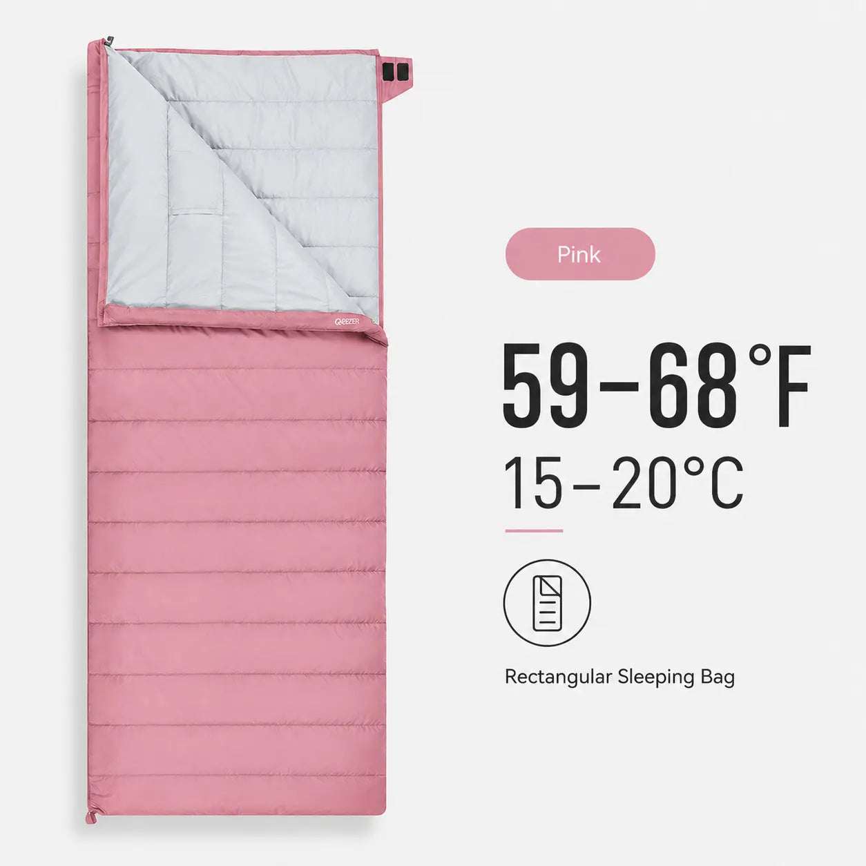 QEZER pink rectangular down sleeping bag with 59–68°F temperature range