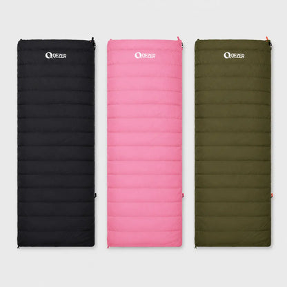 QEZER rectangular down sleeping bags in black, pink and green