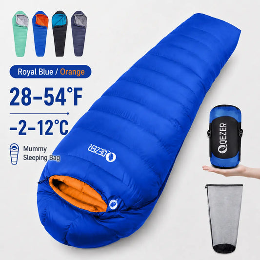 QEZER royal blue 600FP mummy down sleeping bag rated 28–54°F with compression and mesh storage bags