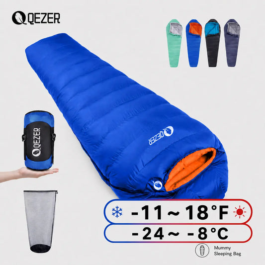 QEZER royal blue mummy down sleeping bag rated -11–18°F with orange lining