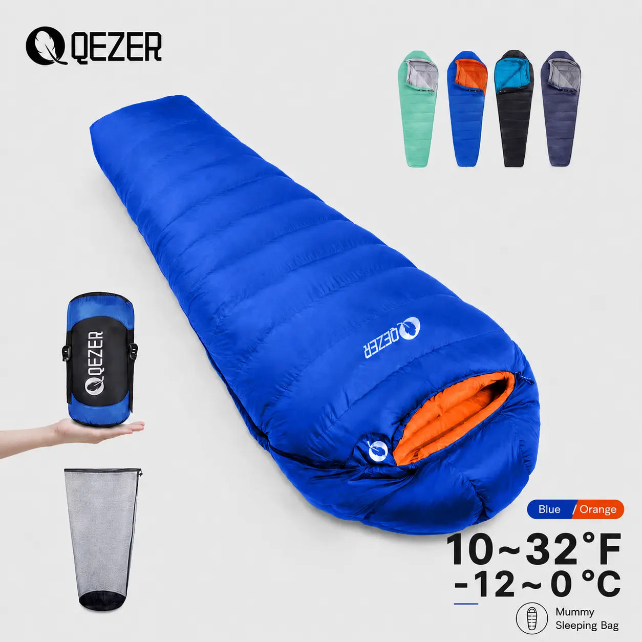 QEZER royal blue mummy down sleeping bag rated 10–32°F with orange lining