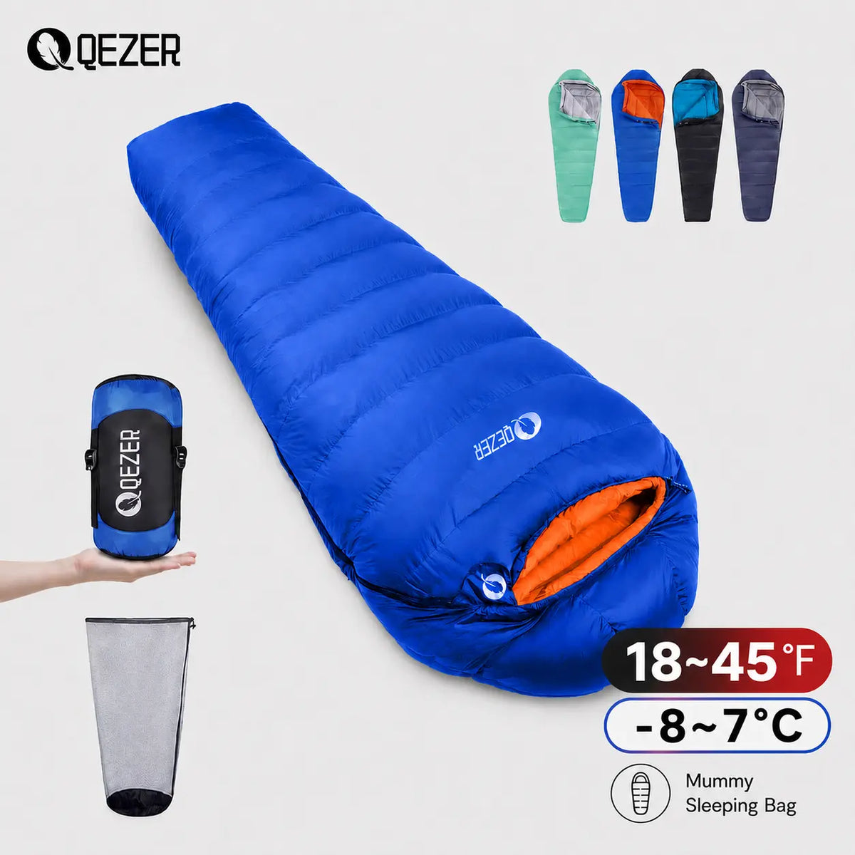 QEZER 600FP Mummy Down Sleeping Bag for Outdoor Camping