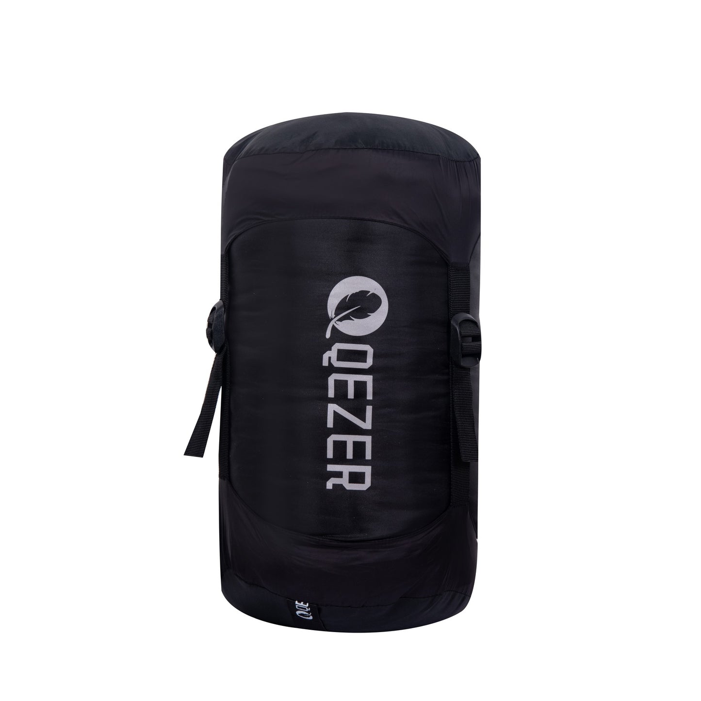 QEZER winter mummy sleeping bag packed in a black compression sack