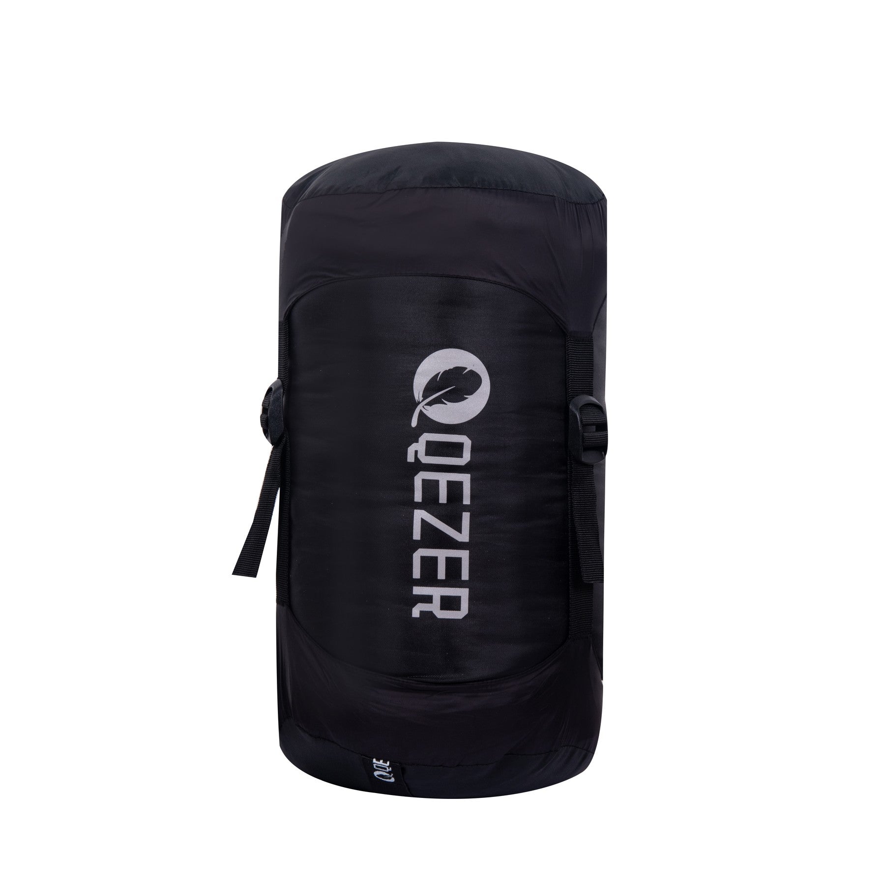 QEZER winter mummy sleeping bag packed in a black compression sack