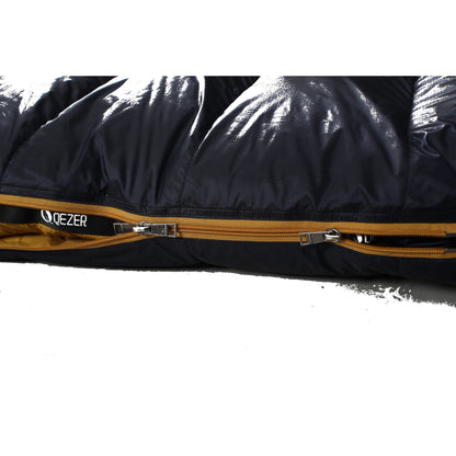 Two-way zipper and hook-and-loop guard on QEZER deep blue mummy sleeping bag