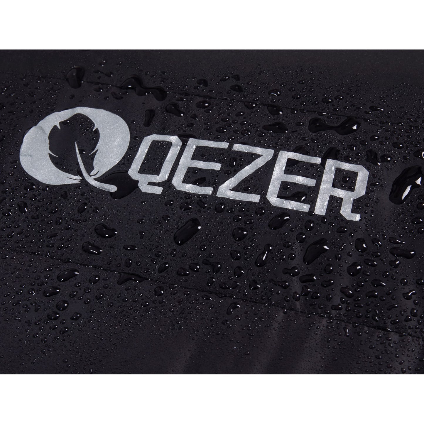 Water droplets beading on the black shell and QEZER logo