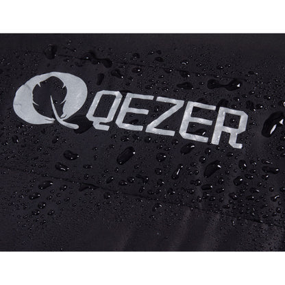 Water droplets beading on the black shell and QEZER logo