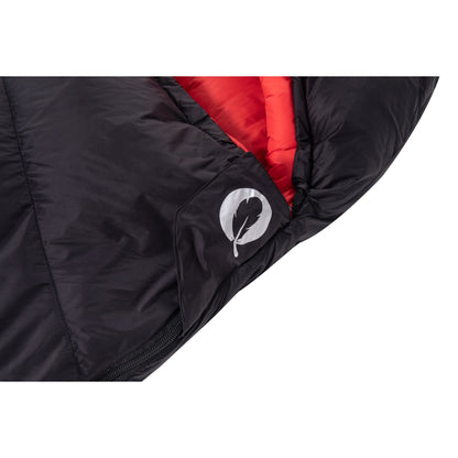 Zipper draft flap with feather logo on QEZER black mummy down sleeping bag