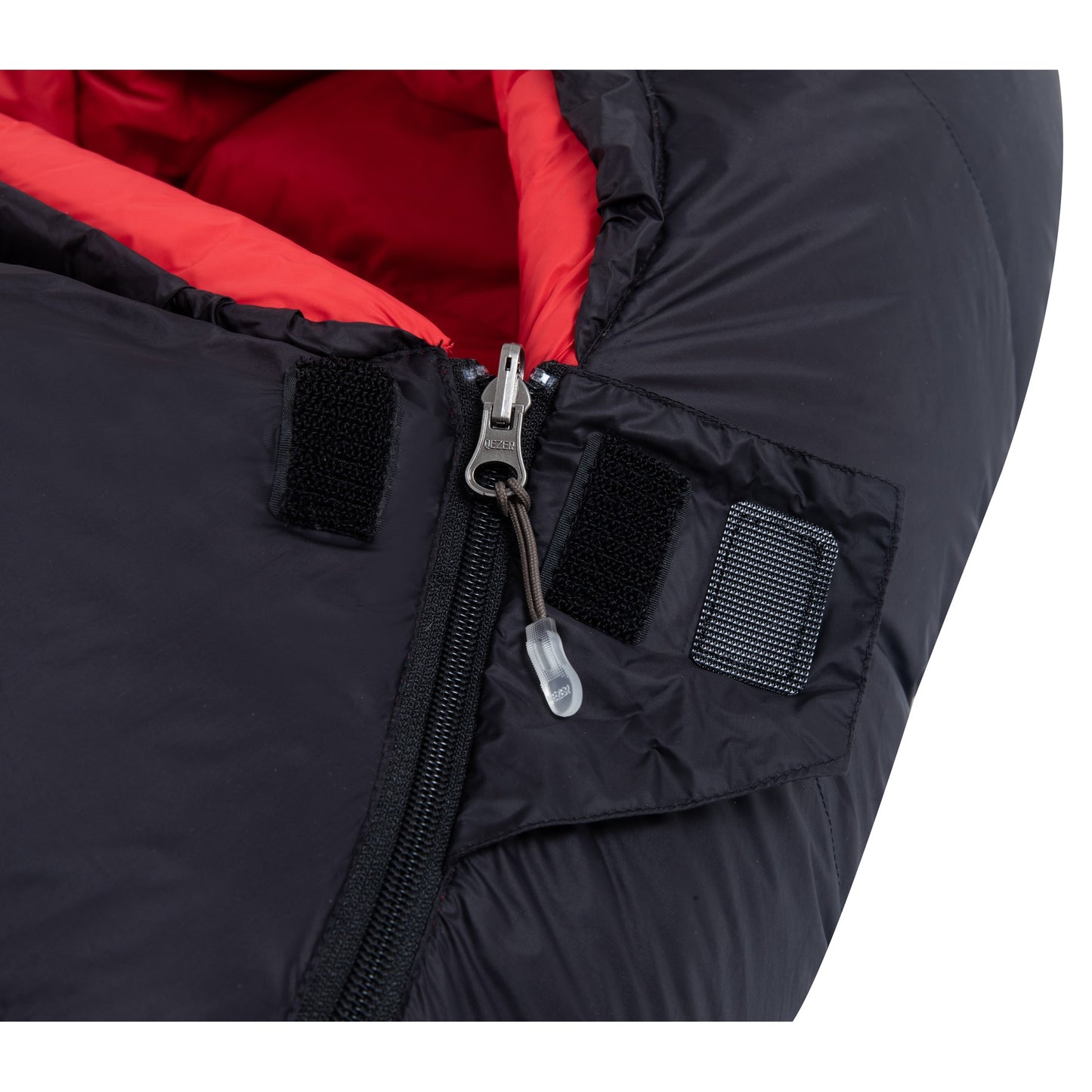 Zipper guard and hook-and-loop closure on QEZER mummy down sleeping bag