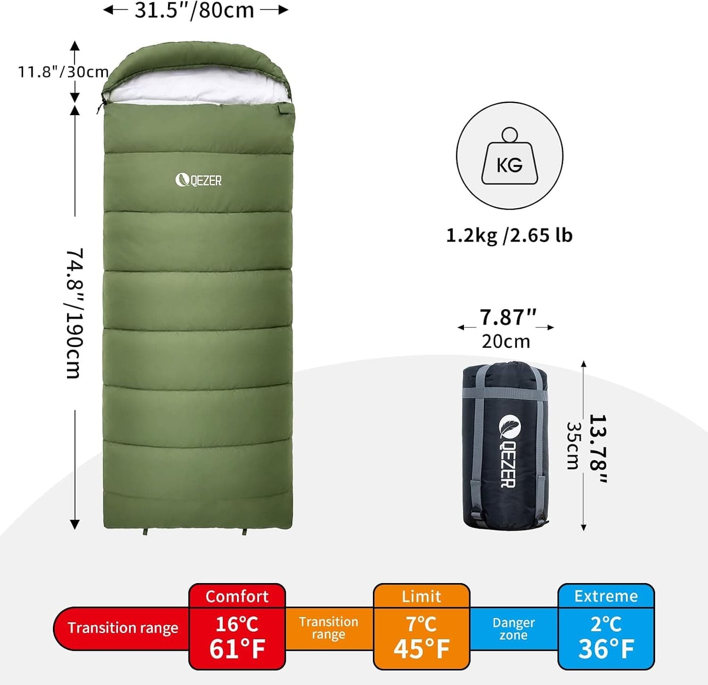 QEZER 3-Season Lightweight Sleeping Bag | Machine Washable Camping Sleeping Bag