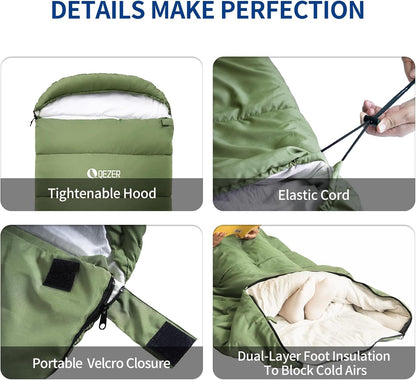 QEZER 3-Season Lightweight Sleeping Bag | Machine Washable Camping Sleeping Bag
