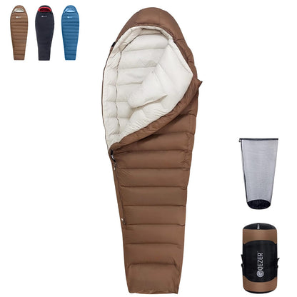 QEZER 650FP Four-Season Mummy Down Sleeping Bag for Camping, Hiking &amp; Backpacking