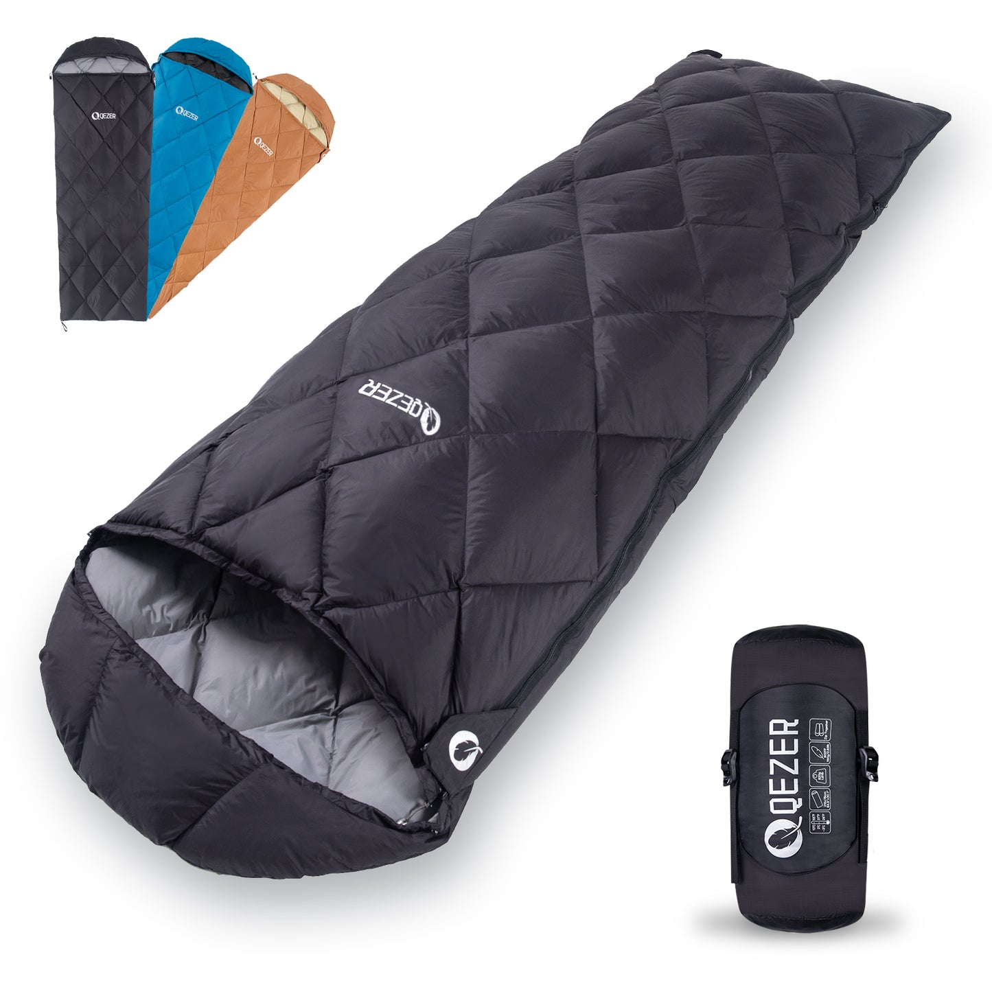 QEZER(380g) Down Sleeping Bag for Adults 40-60℉(5°C~15°C) Duck Down for Camping,Hiking and Backpacking